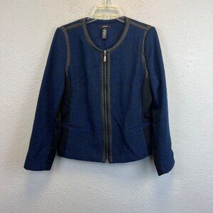 Alfani Women's Blue Tweed Faux Leather Trim Zip Up Jacket/Blazer - Size 12